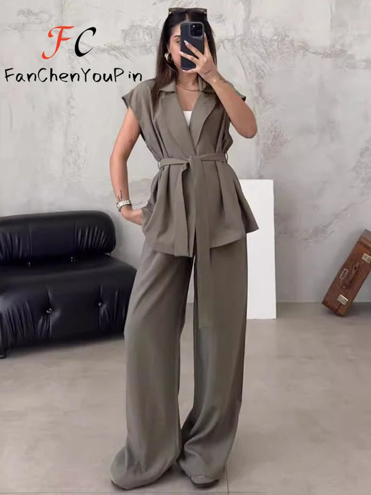 2024 Women'S Pant Set Fashion Casual Sleeveless Loose Lace-Up Cardigan Top Elegant Vintage High Waist Wide Leg Trousers 2-Piece